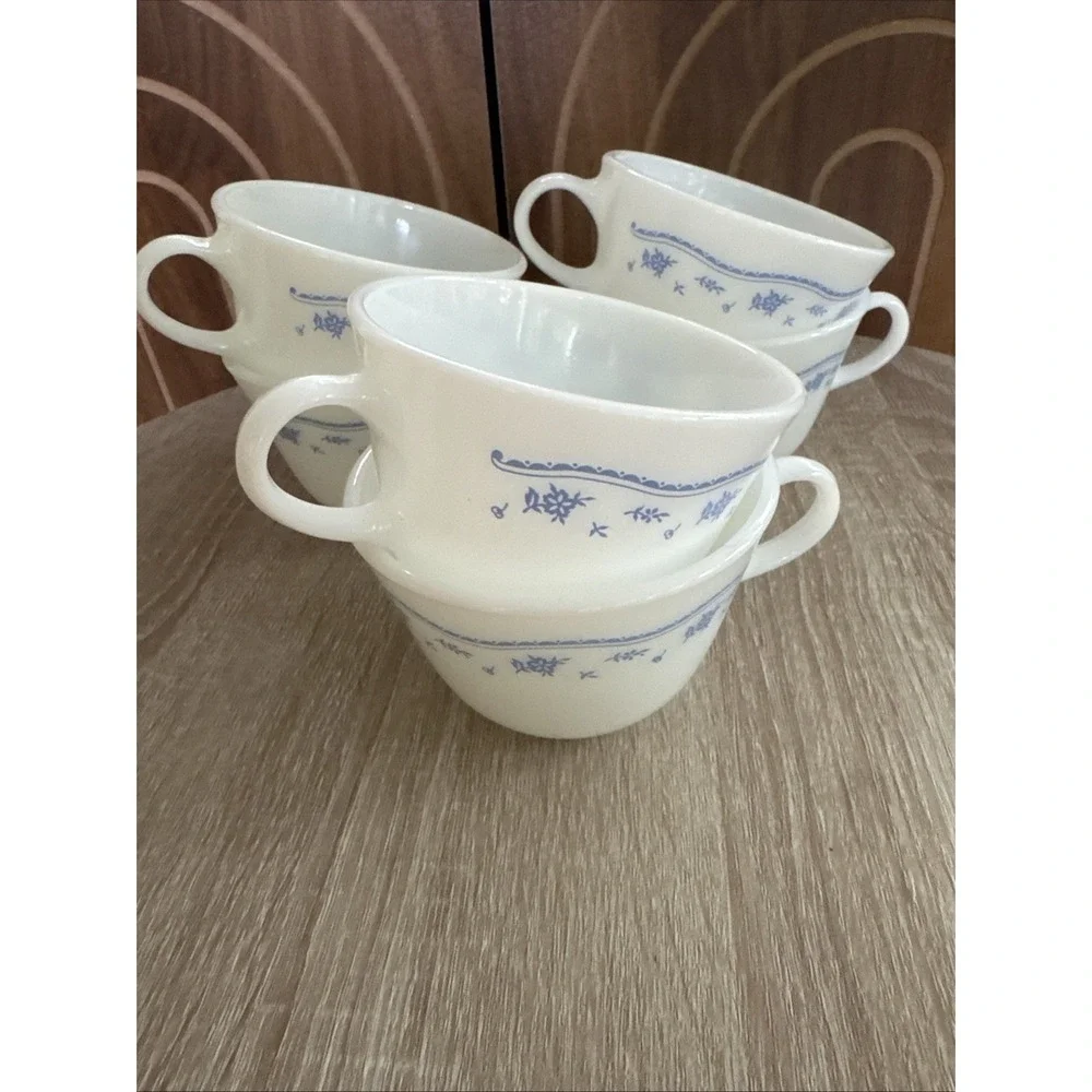 Set Of 6 Vintage Pyrex Coffee Cups, Morning Blue Pattern By Corning